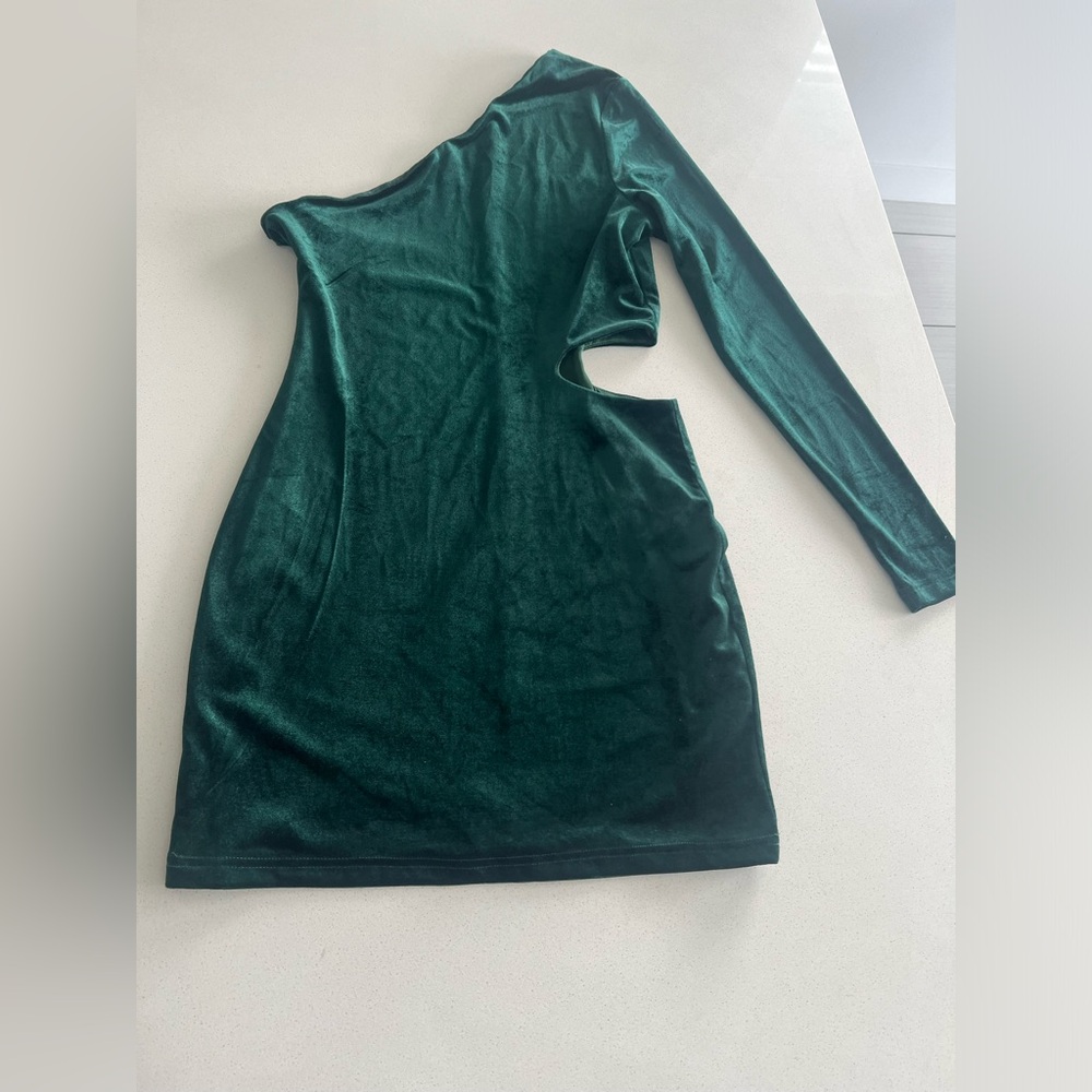 Altar'd State Emerald Velvet Asymmetrical Dress